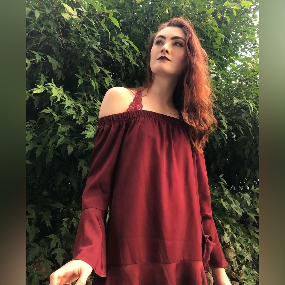 Spirit of Grace dress off the shoulder bell sleeve satin XSmall